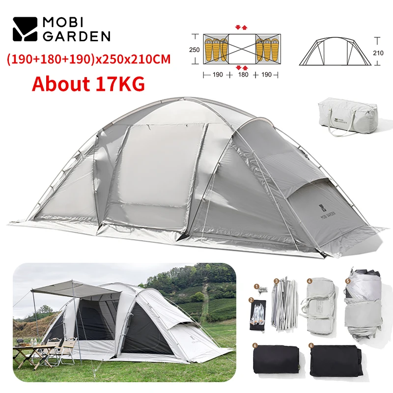 MOBI GARDEN Tunnel Tent 4-6 Persons Oxford 14㎡ Outdoor Garden Family Picnic Tent 2 Bedroom 1 Living Room 4 Season Tent Portable