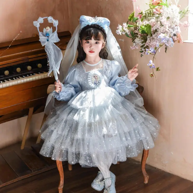 

2026 Disney Frozen Elsa Princess Lolita Dress Spring Autumn Kawaii Girl Fashion Advanced Cartoon Anime Birthday Dress Cake Skirt