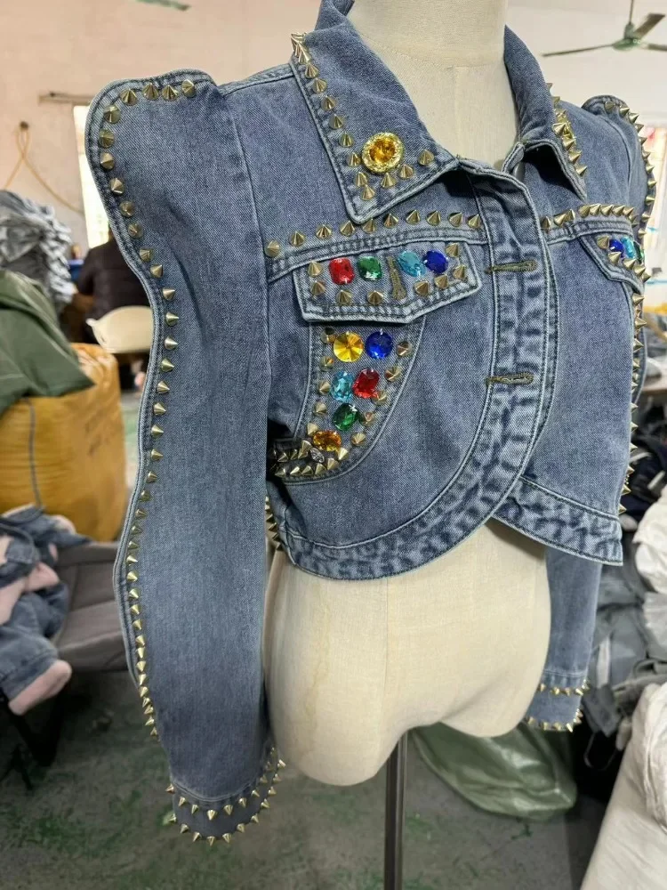 Vintage Blue Irregular Hem Slim Short Denim Jacket Women Spring Autumn Streetwear Lapel Long Sleeve Diamonds Rivet Jeans Coat