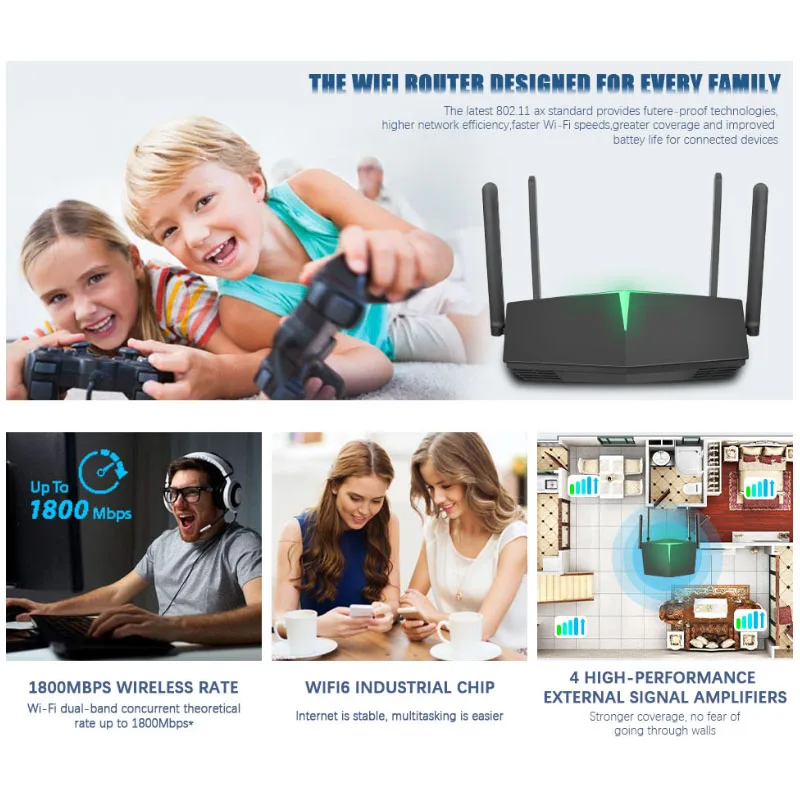 KuWfi Wifi Router Wifi6 2.4G & 5.8G Dual Band 1800Mbps Wi fi Router 4 Antennes Strong Signal WLAN VPN Port Support 128 Users