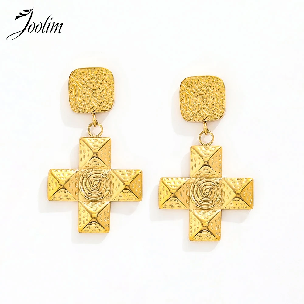 

Joolim Jewelry High Quality PVD Wholesale No Fade Fashion Chunky Geometric Cross Pendant Dangle Hoop Stainless Steel Earring