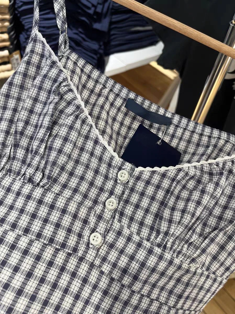 빈티지 해군 격자 무늬 미니 Camis 드레스 여자 여름 레이스 트림 버튼 v-목 탄성 허리 a 라인 짧은 Vestido 코튼 스위트 드레스