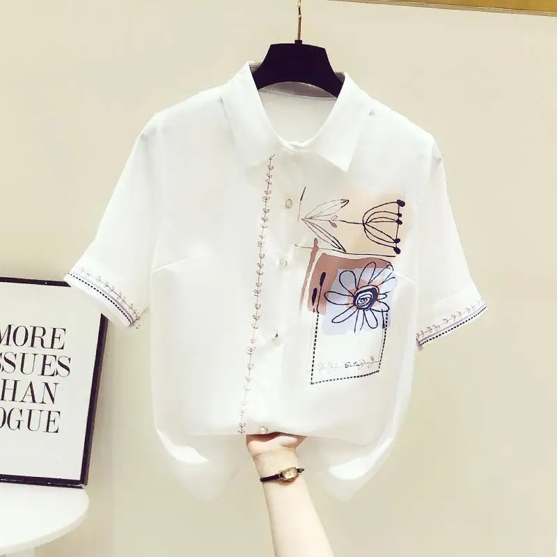 

Women's Chic Fashion Chiffon Summer New Solid Color Commute Blouses Short Sleeve Polo-Neck Single-breasted Loose Printed Shirts