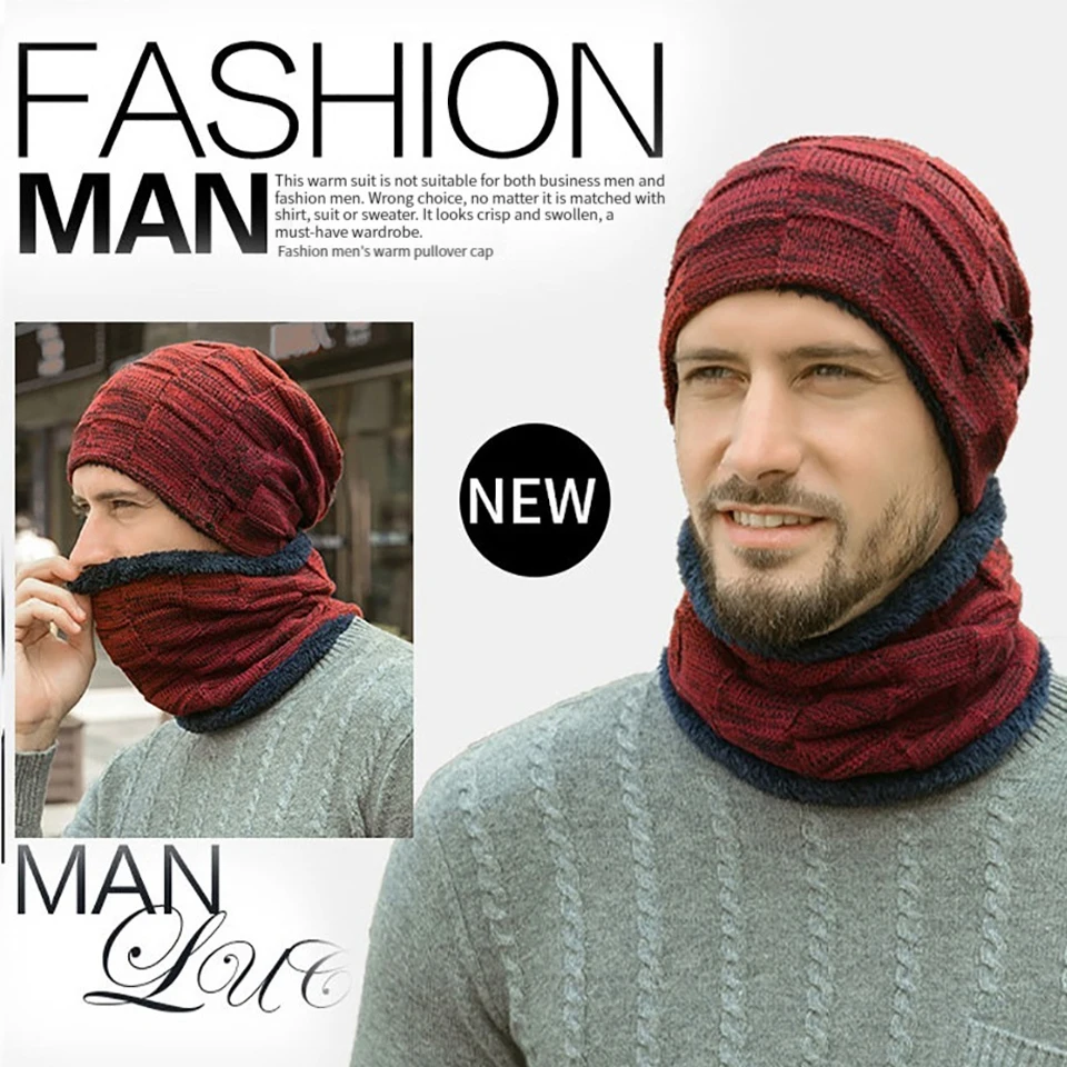 GOBYGO Winter Hat Pullover Cap Scarf Set Heat Storage Warmth Preservation A fleece Thickened Woolen Cap Knitted Cap Men Women