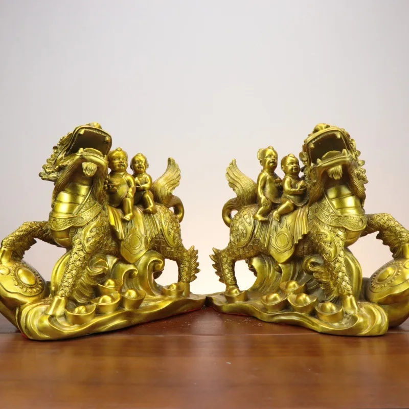 Brass Qilin figurine, depicting a golden child a jade maiden, symbolizing fertility and the blessing of children
