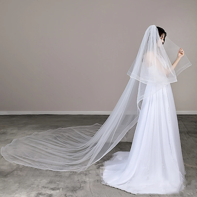 2 Tiers Bridal Veil White Light Ivory Blusher Elegant Horsehair Cathedral Wedding Veils With Comb Bride Accessories 300cm