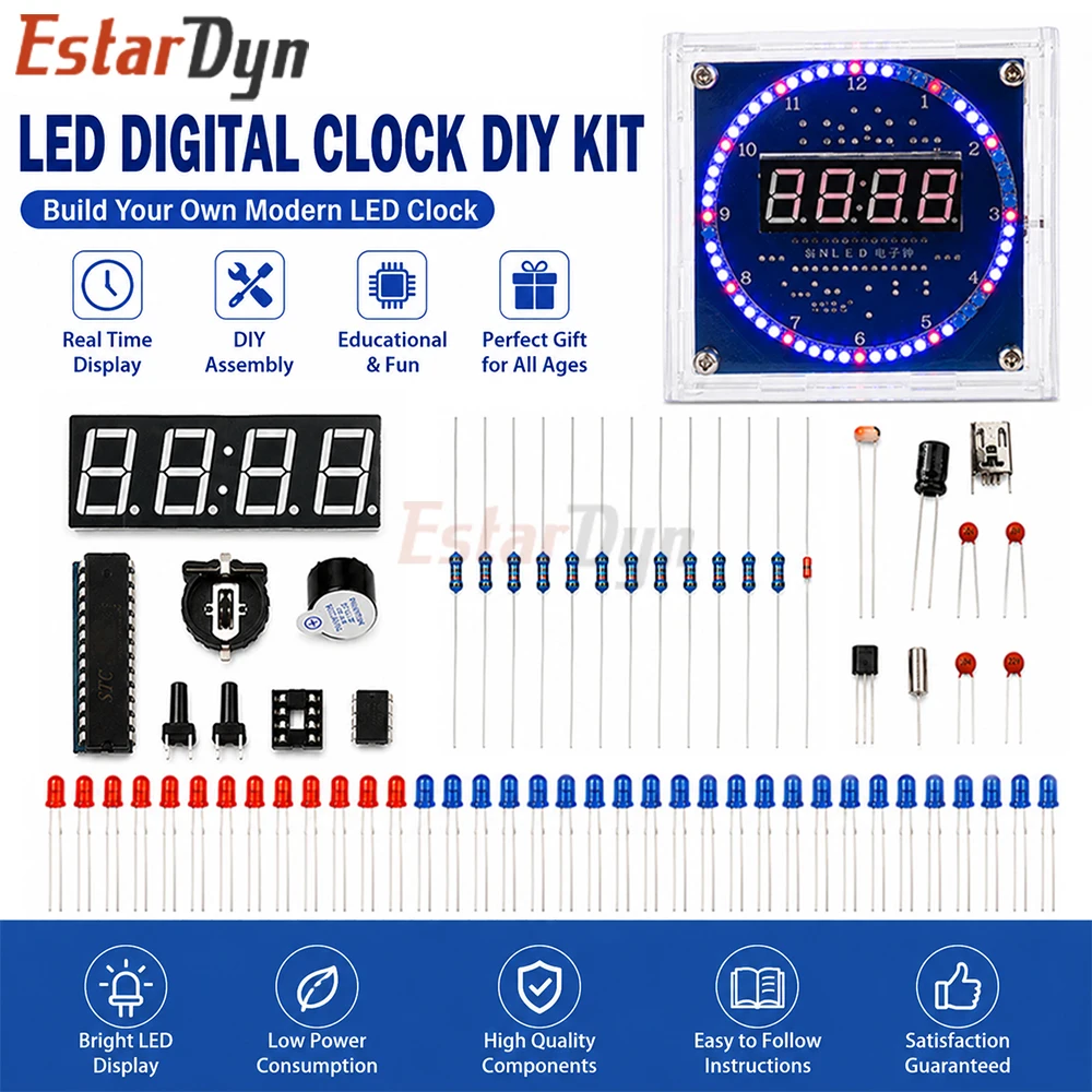 Estardyn DS1302 Rotating LED Alarm Clock Kit DIY C51 MCU Learning Board POV Display 5V for Soldering Training