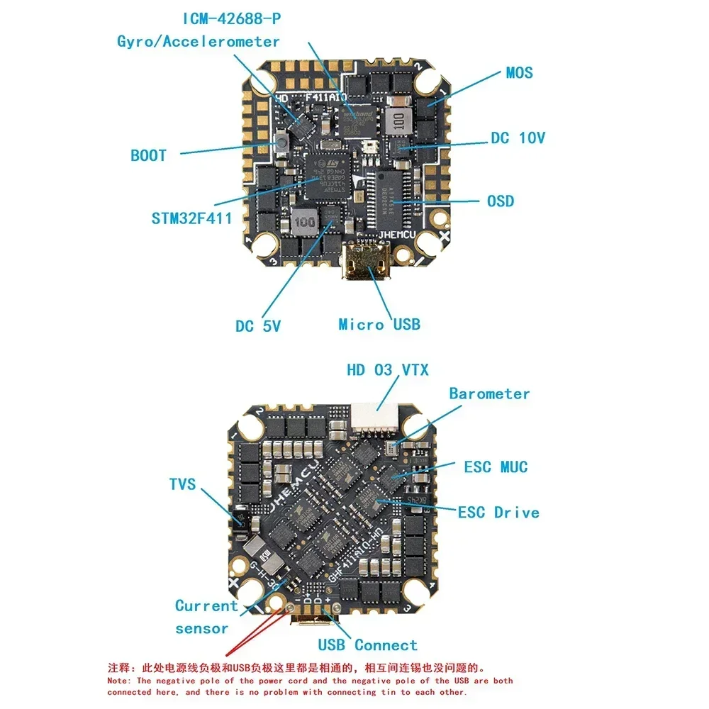 JHEMCU GHF411 AIO-HD 40A F411 ICM42688P Flight Controller BLHELIS 40A 4in1 ESC 3-6S สําหรับ FPV ไม้จิ้มฟันท่อ Drones ชิ้นส่วน DIY