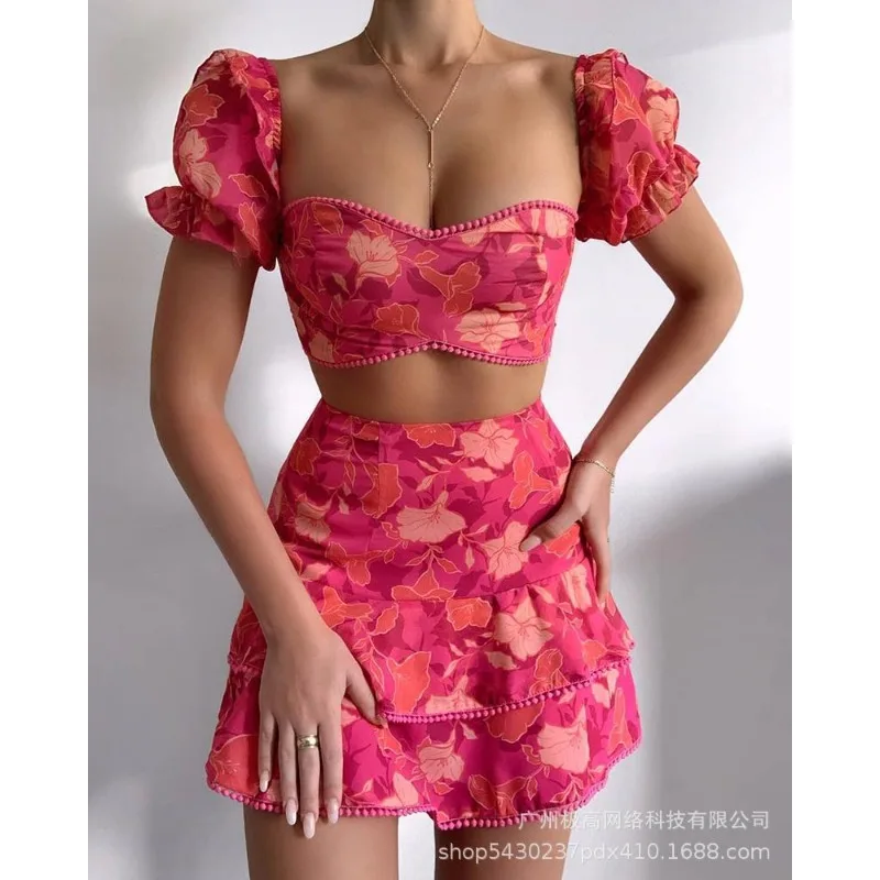 Summer New Women's Color Printed Short-Sleeved Tube Top Non-Positioning Printed Short Skirt Two-Piece Set