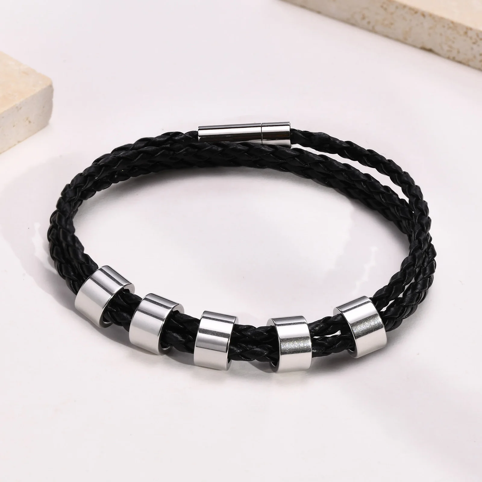 Custom 1-7 Names Multi Layer Leather Bracelet for Men,Stainless Steel Beads Handmade Braided Wristband,Gift for Father Dad