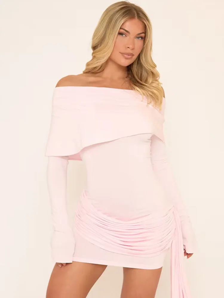 EOENKKY Off-shoulder Long Sleeve Sexy Mini Dress Women Fashion Strapless Backless Draped Ruched Club Party Dresses Female