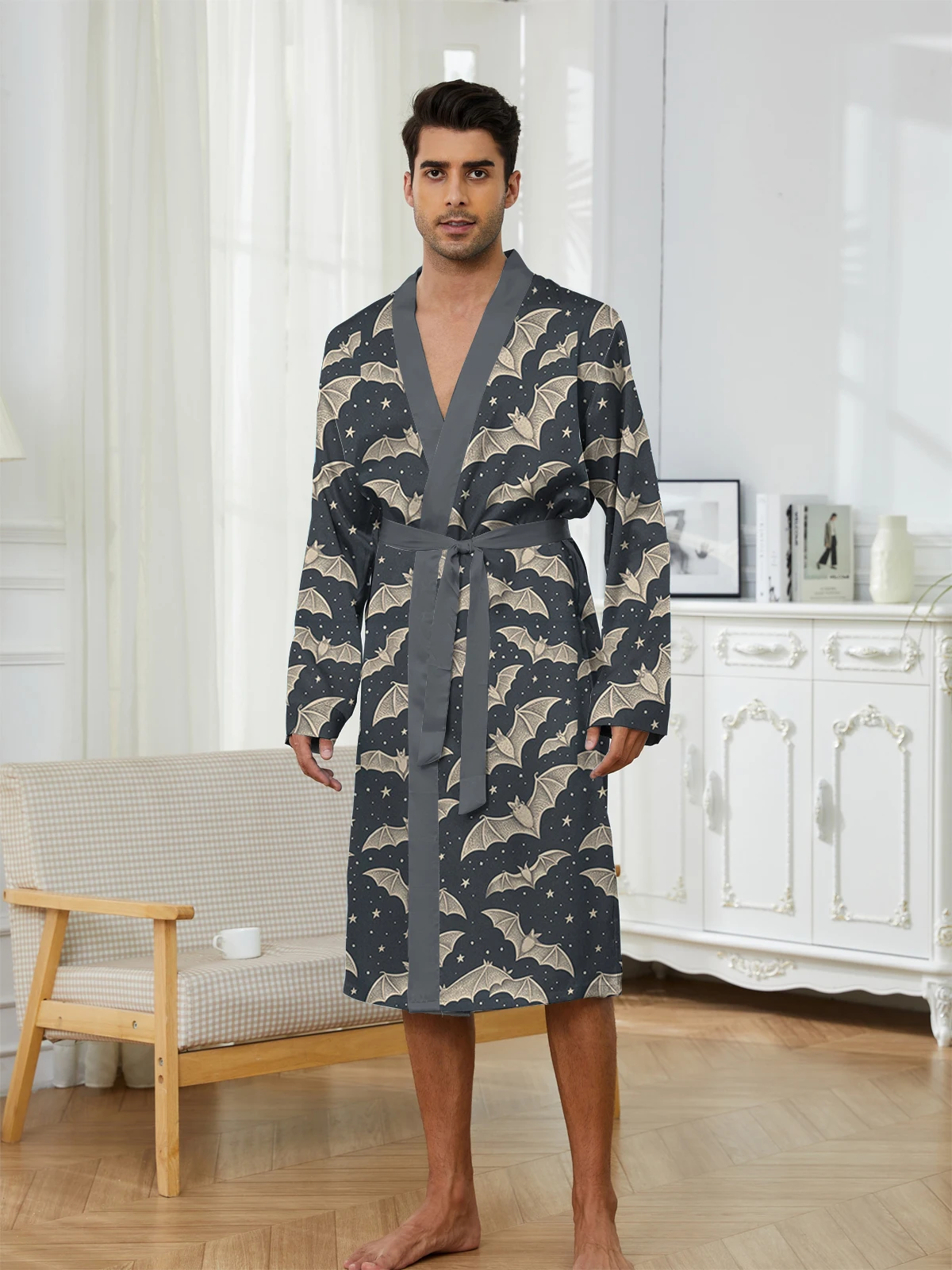 Spring and Autumn Men's Long Nightgown with Digital Printed Bat Pattern, A Comfortable Home Casual Bathrobe Men.