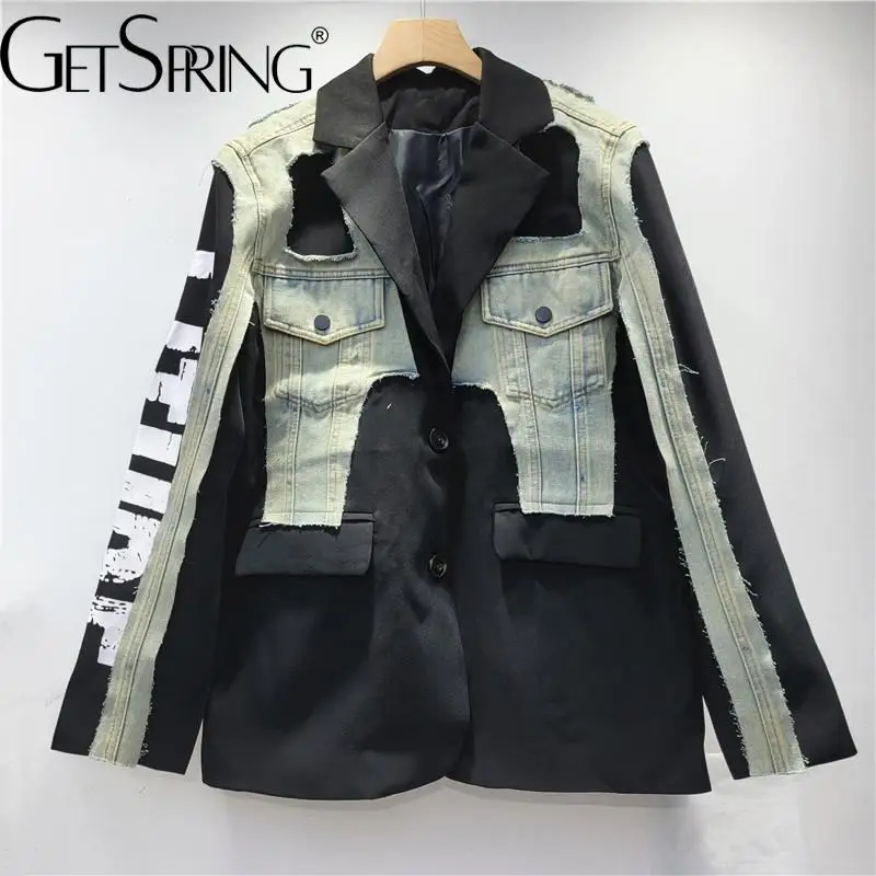 GetSpring Women Blazer 2025 Spring Denim Stitched Single Breasted Full Sleeve Ladies Black Blazer Coat Women's Slim Suit Jacket