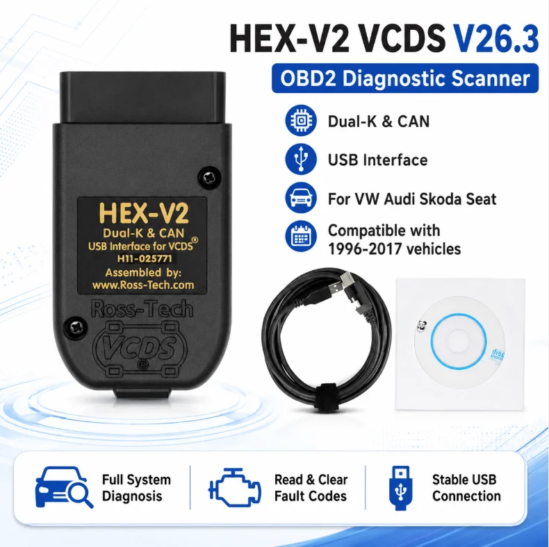 HEX V2 VCDS V26.3 OBD2 Diagnose-Scanner Dual-K CAN USB-Schnittstellenkabel für VW Audi Skoda Seat VAG Auto-Diagnosegerät