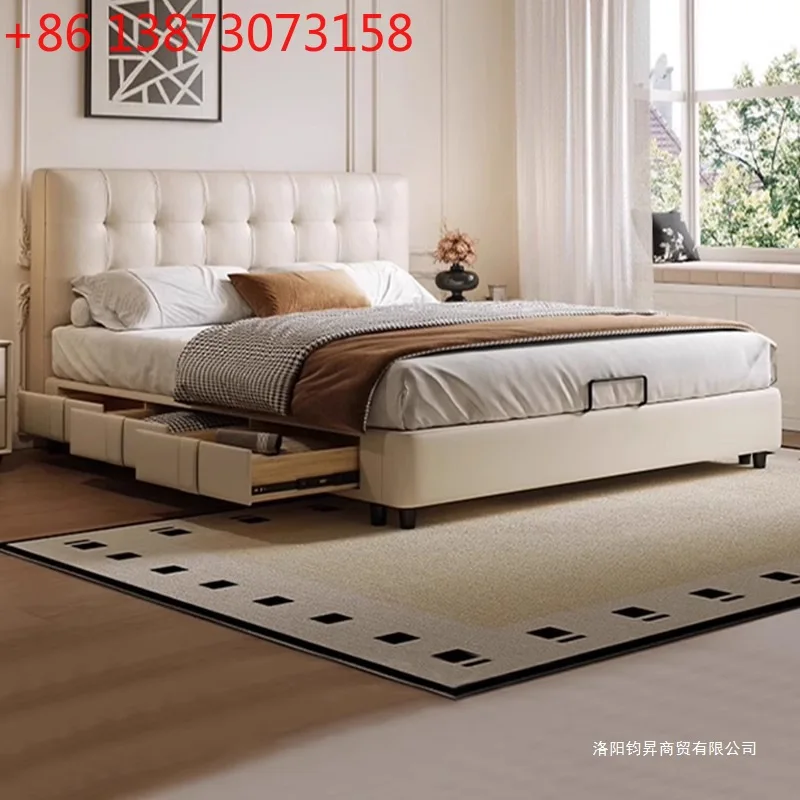 

Вафельная главная спальня во французском кремовом стиле для небольшой квартиры. M двуспальная кровать в стиле ретро, кожаная кровать для хранения вещей, свадебная кровать