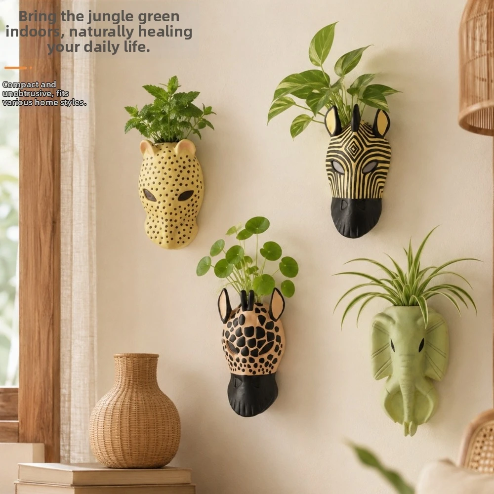 3D Animal Wall Mounted Flowerpot Elephant Head Unique Leopard Style Hanging Planter Abstract Design Hydroponic Vase