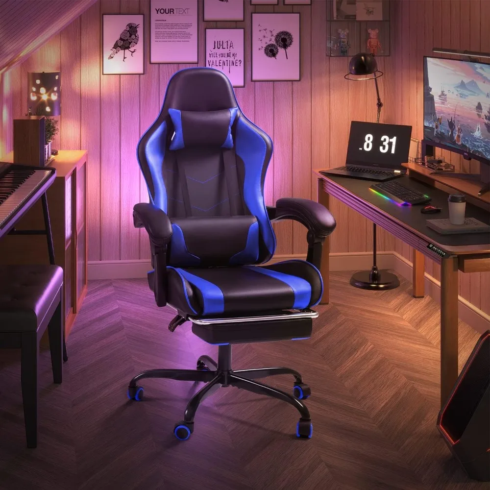 Gaming Chair with Footrest and Massage Lumbar Support, Video Game Chairs Height Adjustable Seat with Headrest