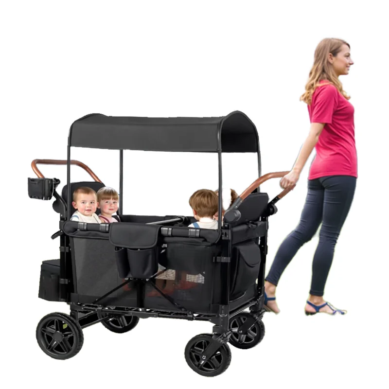 

Hot Selling Style Double Handle Metal Frame Baby Stroller Foldable Large Space Four Seat Breathable Baby Wagon