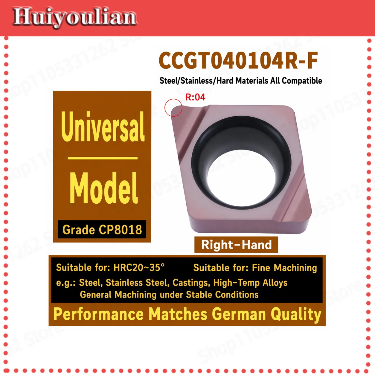 CCGT040104R-F CNC Lathe Boring Insert Right-hand Insert Universal Precision Ground for Steel Stainless HRC20-35 Finishing