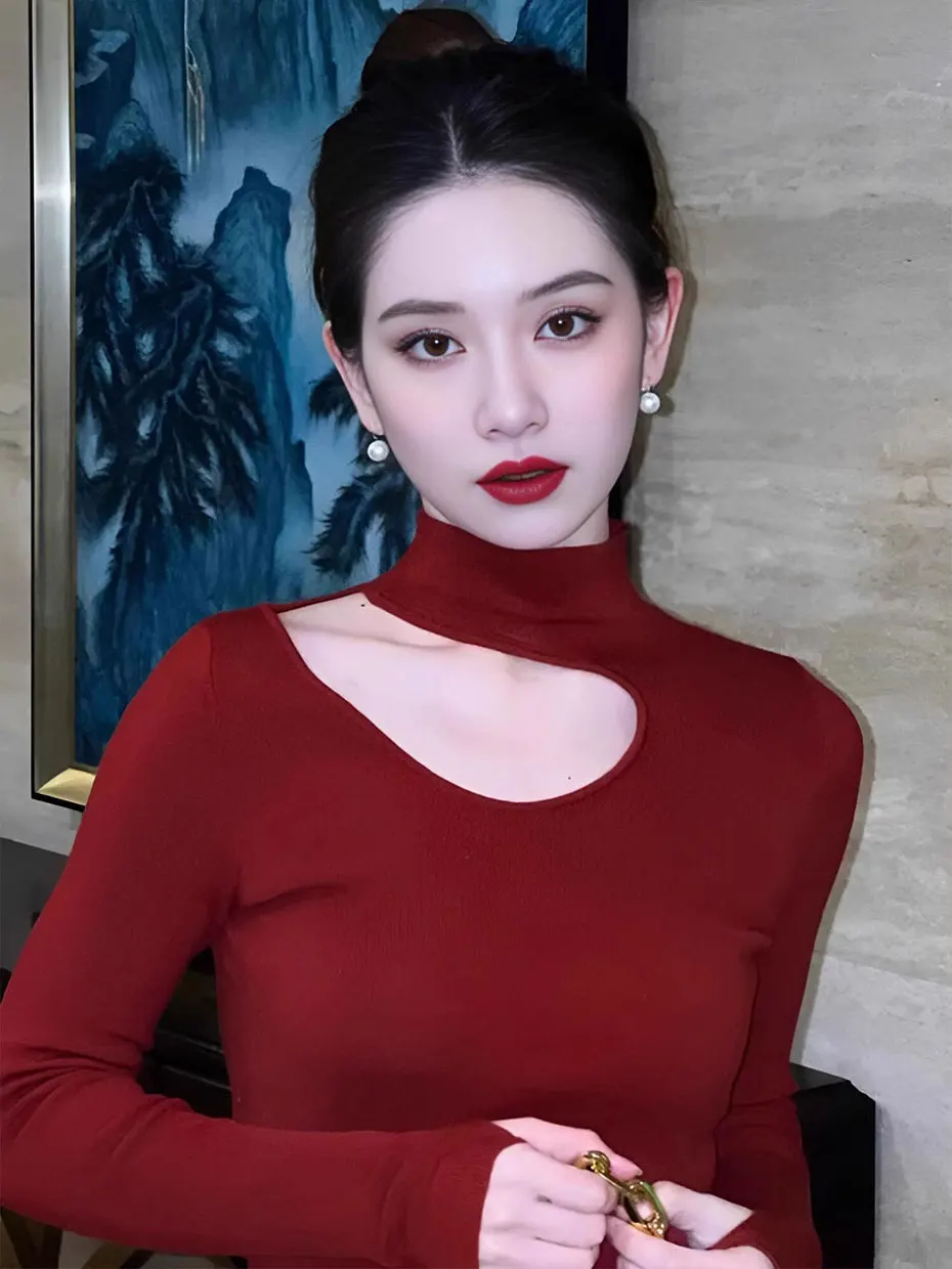 

Slim Fit Cashmere Sweater Women's Base Shirt Hollow out High Collar Autumn Winter Fashionable Top Angora Red Inner Wear