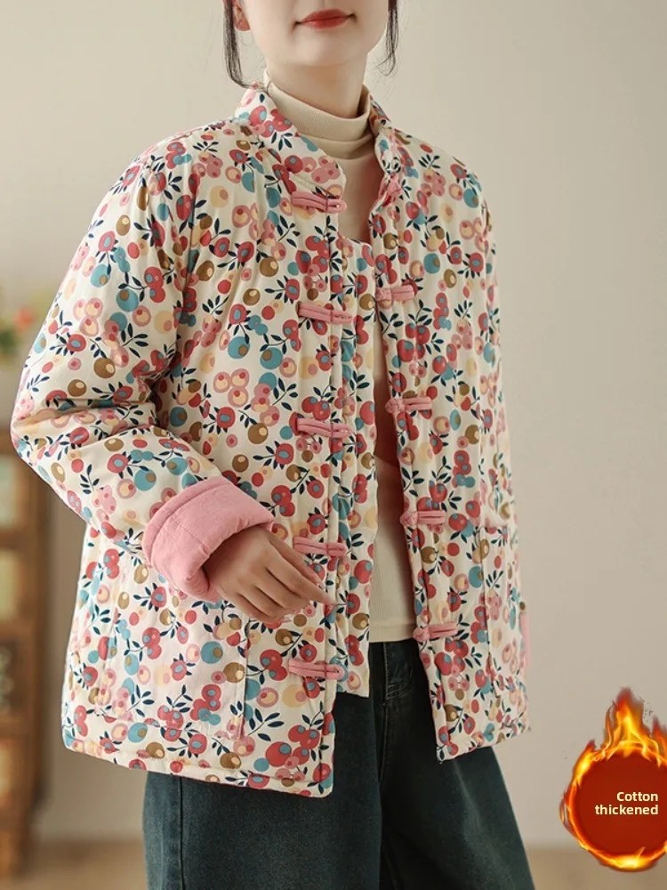 

Ретро китайский принт на пуговицах с воротником из тонкого хлопка, домашняя одежда, женская зимняя верхняя одежда, дополнительное пальто с хлопковой подкладкой