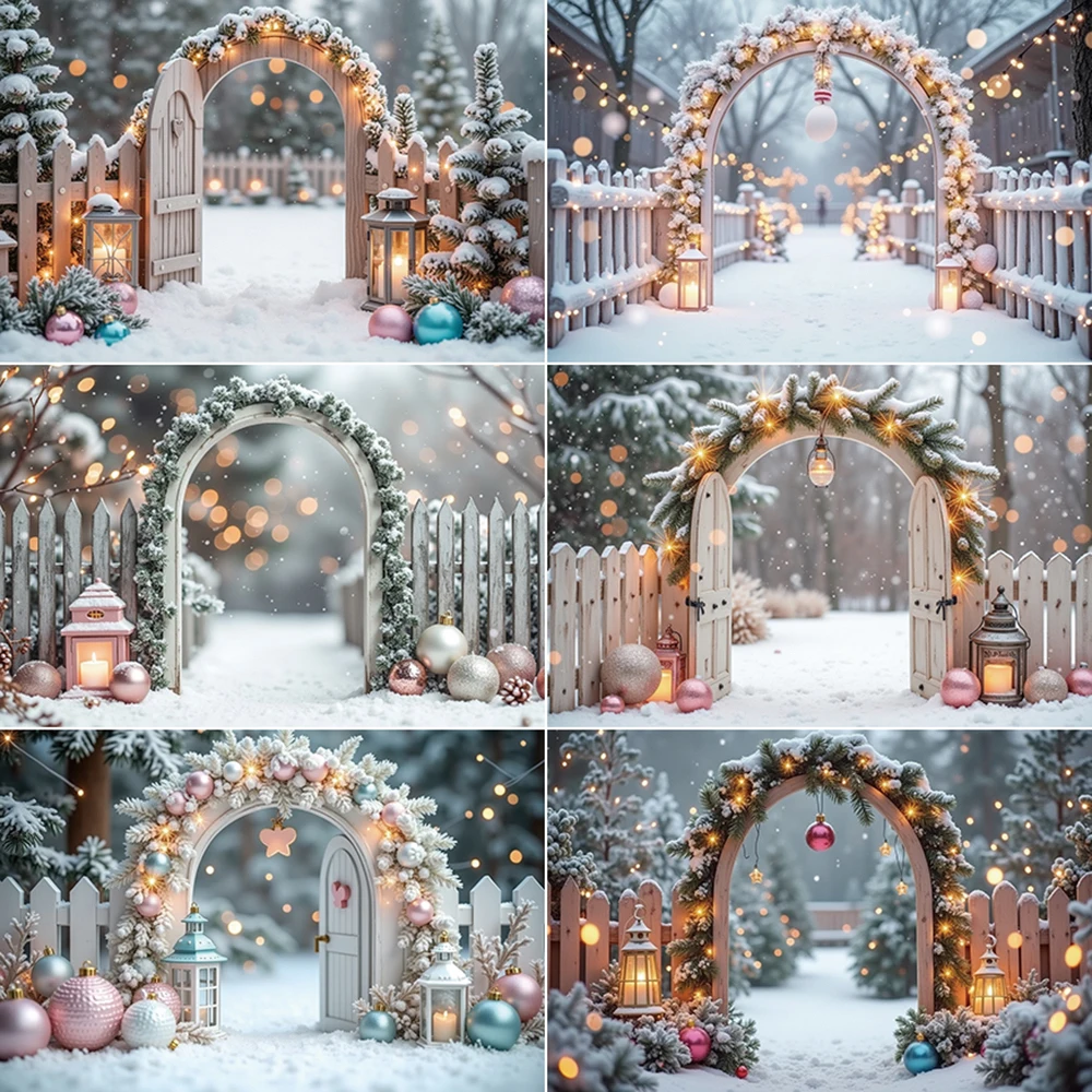 

MOON.QG Christmas Snow Winter Backdrop Balls Pine Tree Fence Arch Door Photo Studio Background Photography Photoshoot Supplies