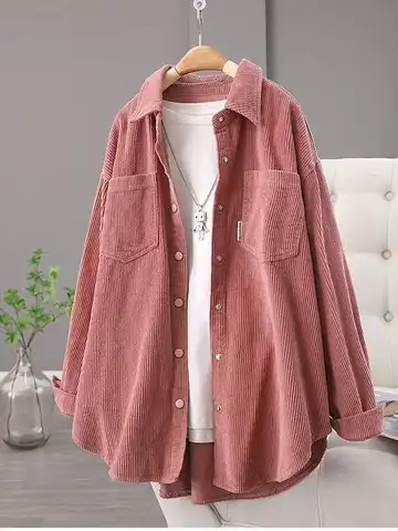 코듀로이 셔츠 재킷 여성용 봄 가을 루즈핏 중간 길이 여성용 루즈핏 긴팔 버튼업 탑