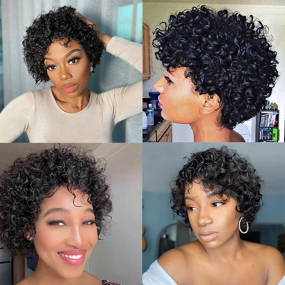 Curly Short Pixie Cut Wigs Human Hair 180% Density Water Wave Remy Malaysian Hair Wig Glueless Machine Made Wigs for Black Women