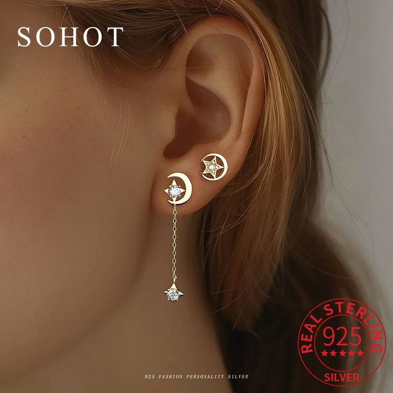 

1 Pcs Real 925 Sterling Silver Sparkling Star Zircon Tassels Mini Stud Earrings for Women Fine Jewelry Geometric Accessories