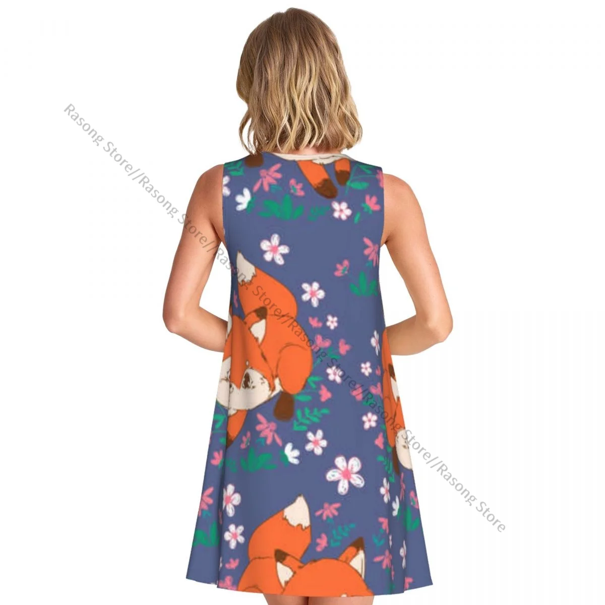 レディースドレス夏カジュアルTシャツドレスビーチカバーアップかわいいキツネと花柄タンクドレス