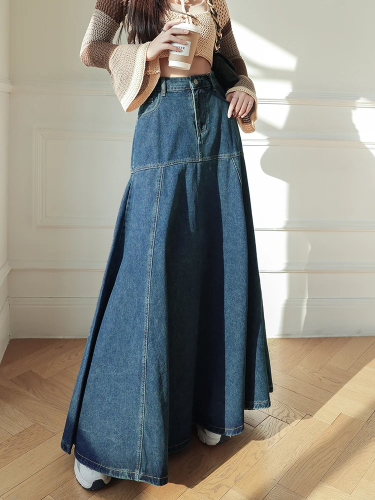 

Vintage Denim Skirt Women High Waist A-Line Long Mermaid Skirts Female Elegant Long Skirt Maxi 2024 Fall Winter Korean Fashion