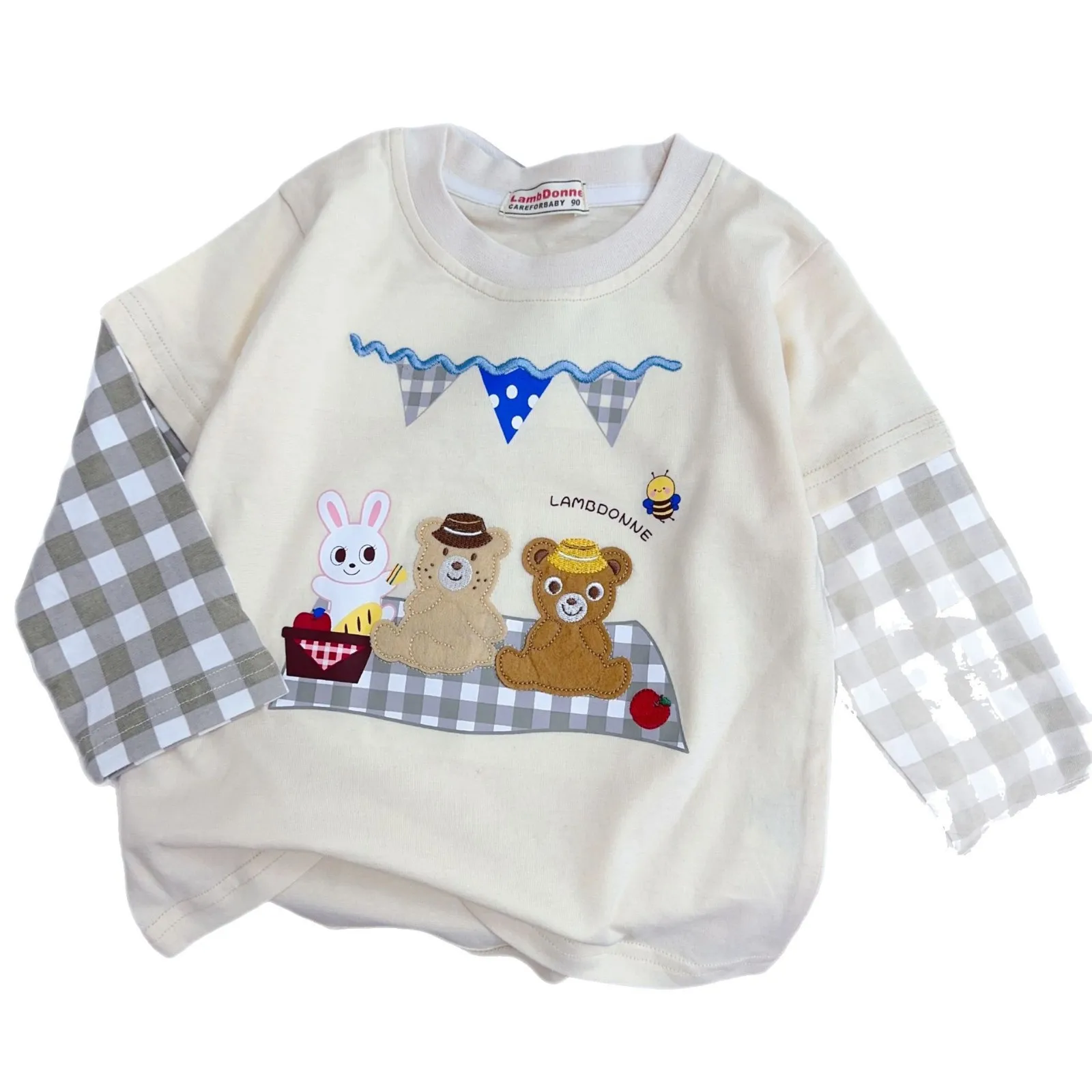 

Children's Long Sleeved T-shirt 2025 Autumn Outfit Cotton Japanese Boys' Base Shirt Fake Two Soft Girls' Base Grid Splicing T