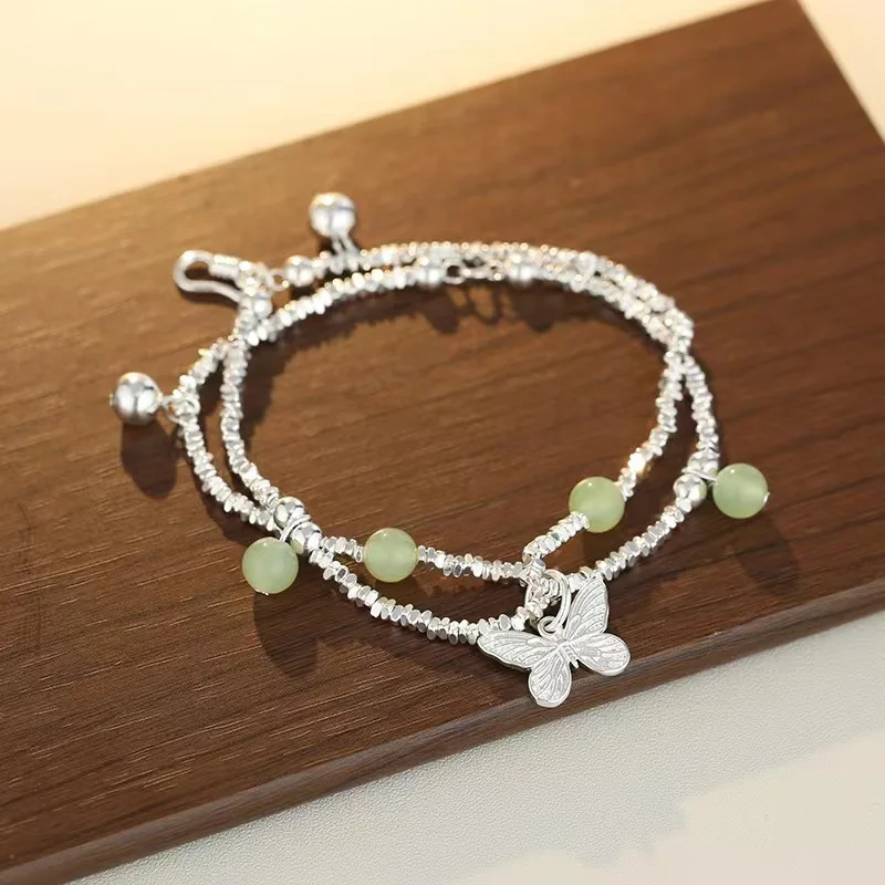 

925 Sterling Silver Hotan Jade Butterfly Double Layer Women's Bracelet Retro Chinese Design Premium Handicraft Gift