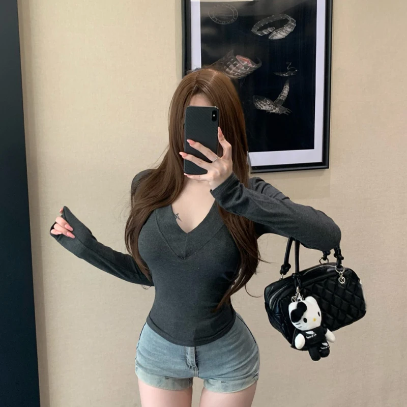Early Autumn Pure Desire Sexy Deep V Neck Straight Shoulder Long Sleeve Slim Fit Thin Versatile Bottoming Shirt Top