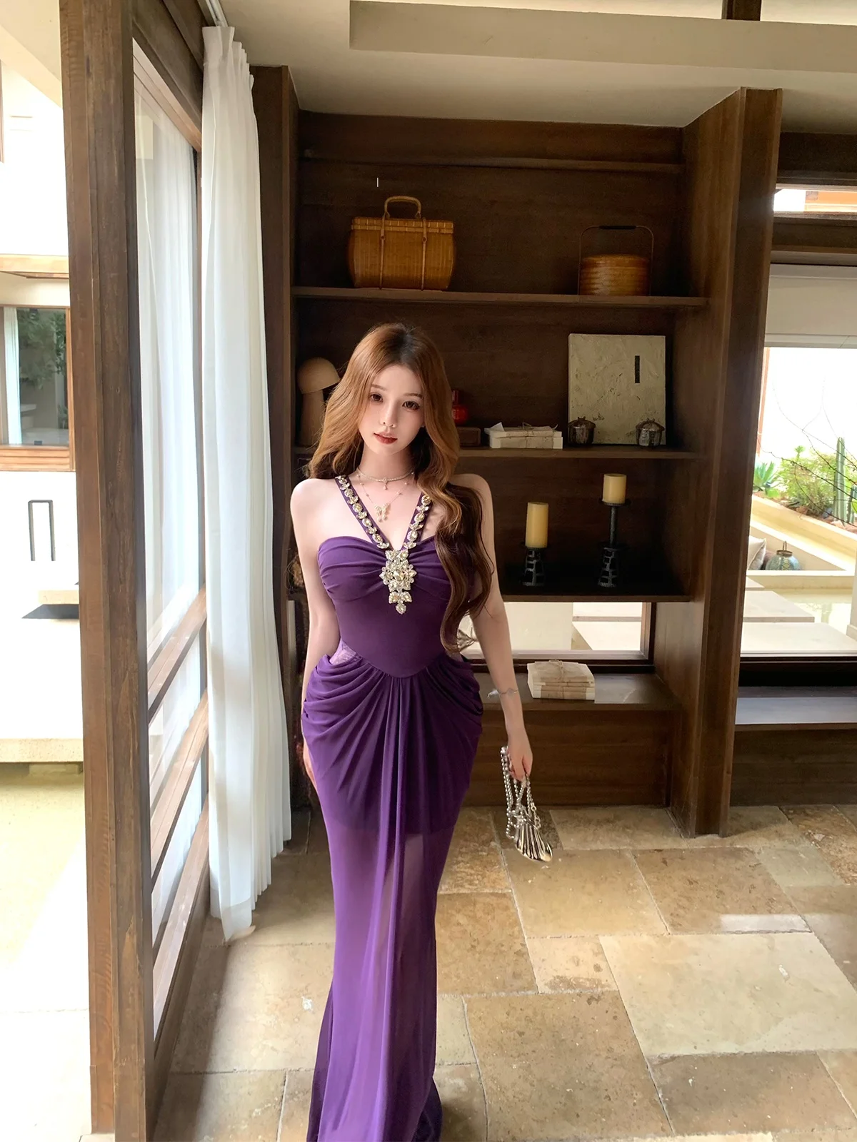 

Elegant Catyears Diamond Embedded V-neck Slim-fit Waist Dress Hanging Neck Long Skirt Summer Women's Fashion High Waist Polye...