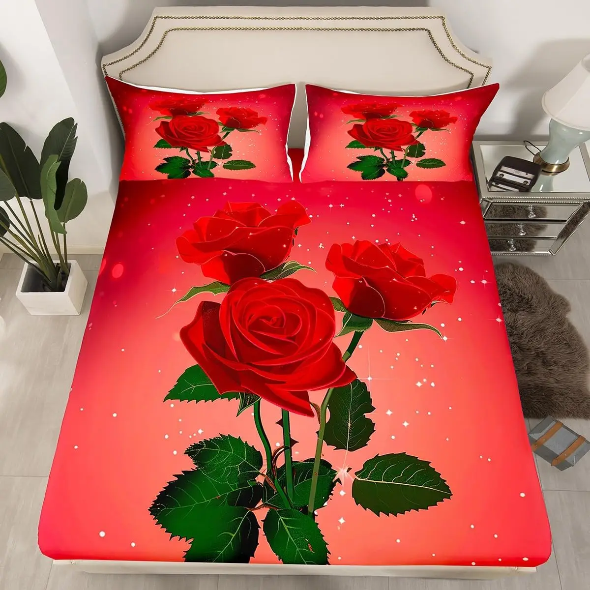 Red Rose Bed Sheet Set Rose Floral Print Bedding Set Romantic Flowers Pattern Fitted Sheet for Boys Girls Teens Bedroom Decor