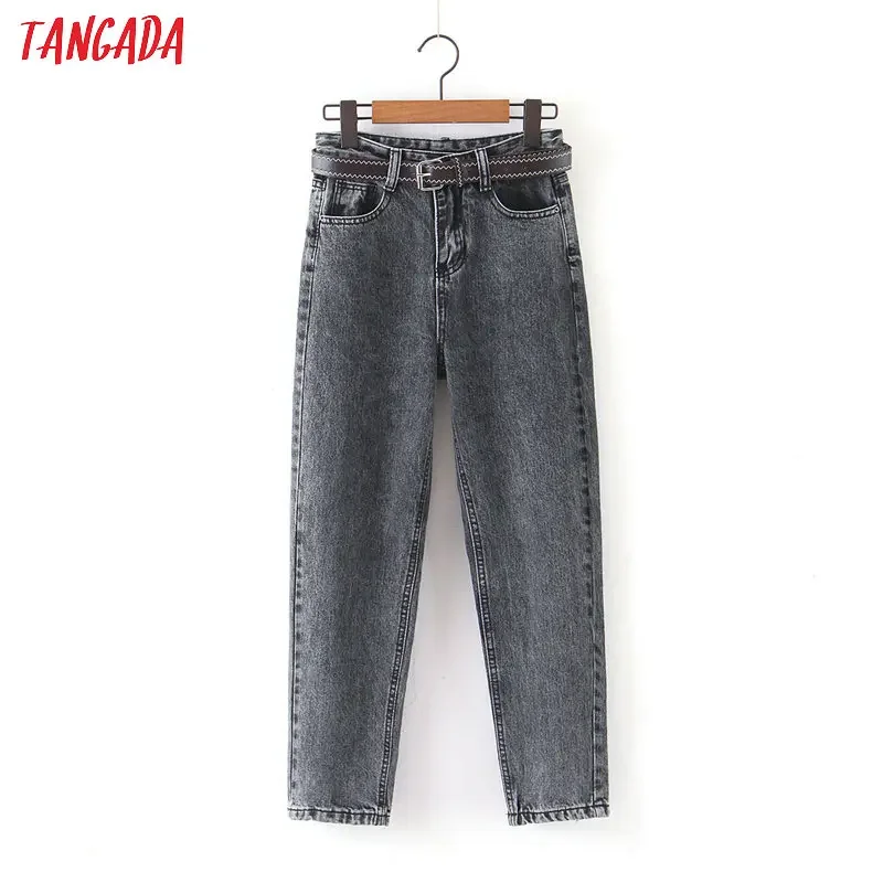 Tangada 2024 fashion women mom jeans pants with belt long trousers strethy waist pockets zipper female pants HY41