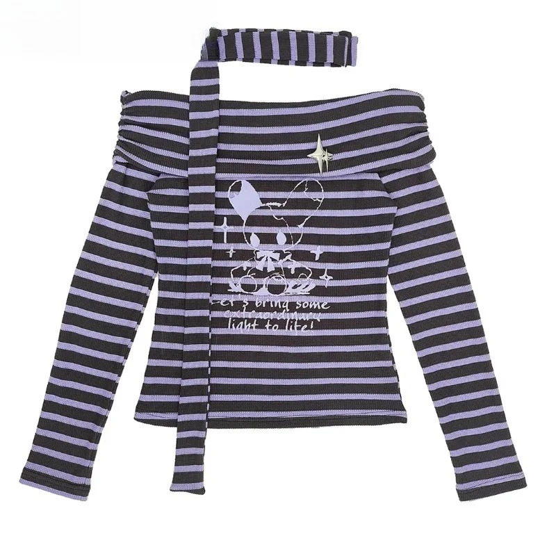 

Универсальная облегающая футболка с мультяшным принтом для девочек, ранняя осень, оригинальный топ в японском стиле в полоску с открытыми плечами и длинными рукавами