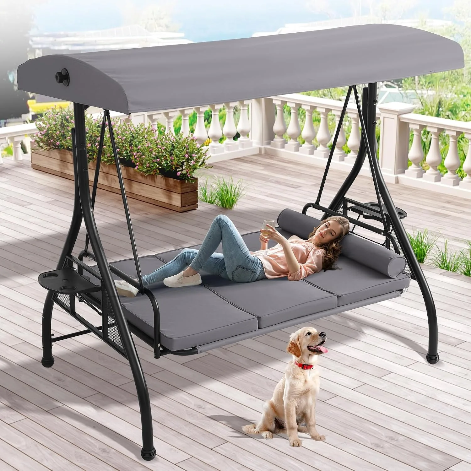 Outdoor Porch Swing with Canopy and Stand, 3 Person Patio Swing for Adults, Convertible 2 in 1 Porch Bed Swing with Cup Holder, 3 Seat Swings with 2 Pillow Cushions for Garden, Yard (Grey)