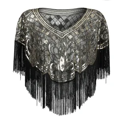 Fashion Black Gold Shiny Sequined Wedding Shawls Bolero Beaded Bridal Short Wraps Long Tassel Women Wedding Accessories