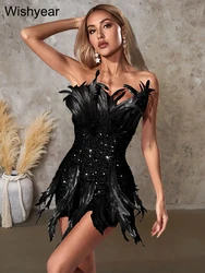 Wishyear Luxury Birthday Party Women Short Dress Sexy Off Shoulder Strapless Glitter Sequin Velvet Feather Evening Prom Vestidos