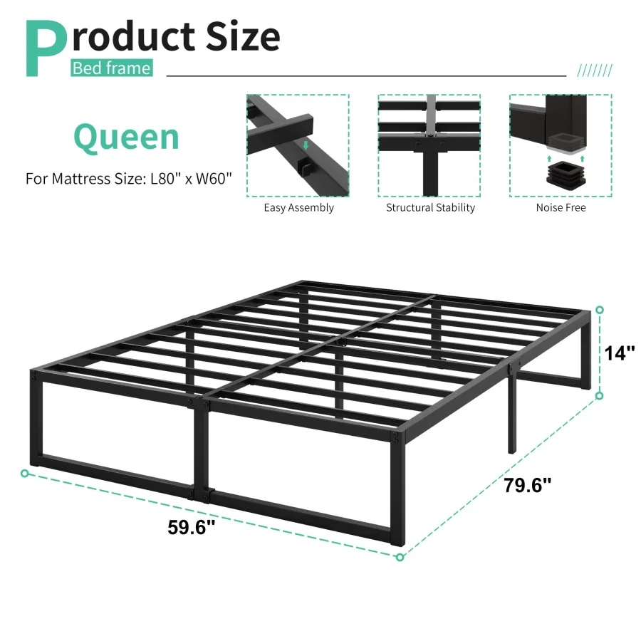 

Металлическая кровать-платформа Queen-size с усиленной стальной решеткой, не требует пружинного блока, простая сборка, черная.