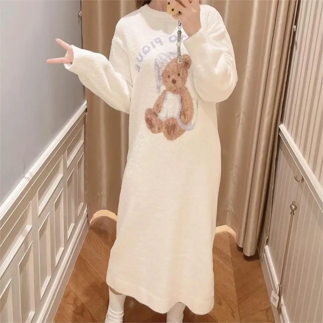 The New Fall and Winter Warm Nightgown Pajamas Good Night Bear Floppy Nightgown Girls Thickened Warm Half Velvet Homewear Suit