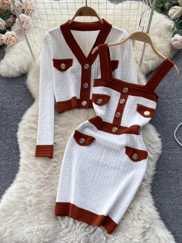 Autumn New Women's Dresses Knitwear Suits Small Fragrance Knitted Cardigan Coat + Suspender Knit Dress Streetwear Two Piece Sets