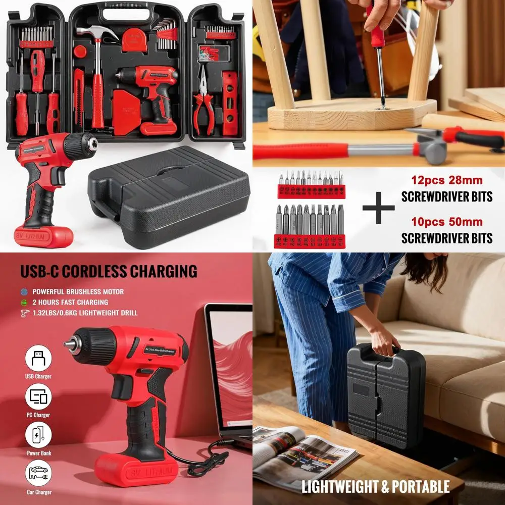 

101 Pcs 8V Cordless Drill and Tool Set, USB-C Rechargeable Power Tool Kit with Brushless Motor & Fast Charge, Lightweight Home T