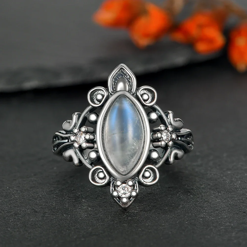 Vintage 925 Silver Ring Natural Moonstone Denier Type Horse Eye Design for Women Men Exquisite Packing Gift  Engagement ring