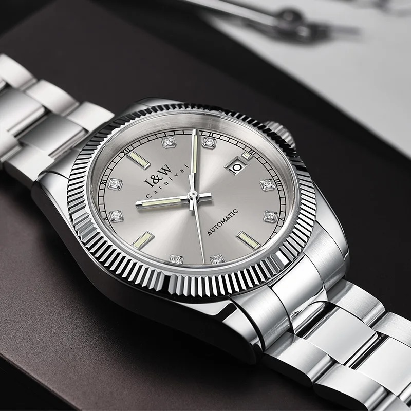Męski zegarek automatyczny I&W, 40 mm, luksusowy zegarek mechaniczny, wodoszczelność 5 ATM, luminescencyjny, szafirowe szkło, datownik.