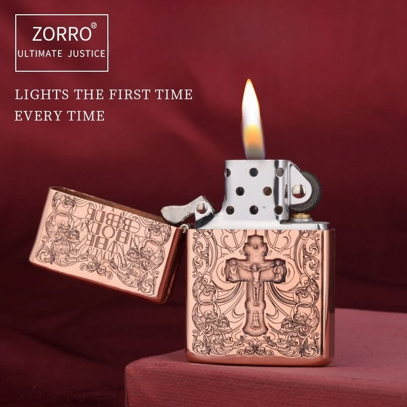 

Керосиновая зажигалка ZORRO 902 из чистой пурпурной меди с 3D-рельефом, ветрозащитная, винтажная, персонализированная, с кремневым колесом, мужской подарок