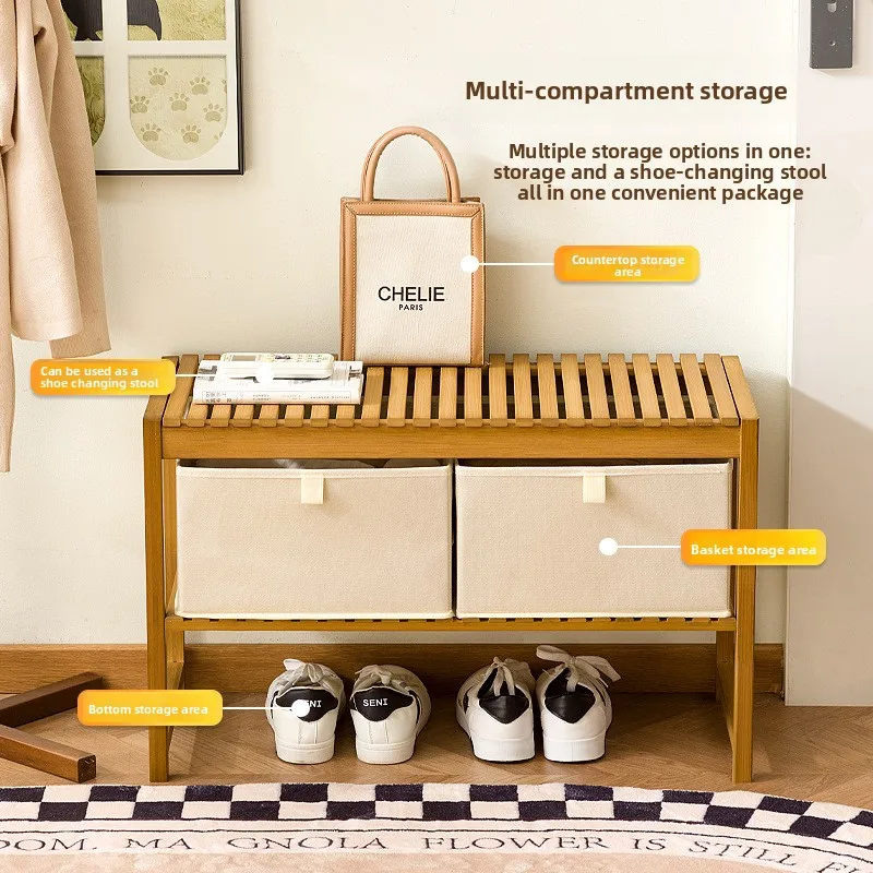 New home door shoe bench, bamboo and wood shoe cabinet, shoe changing bench, bathroom shower bench, Oxford cloth storage basket