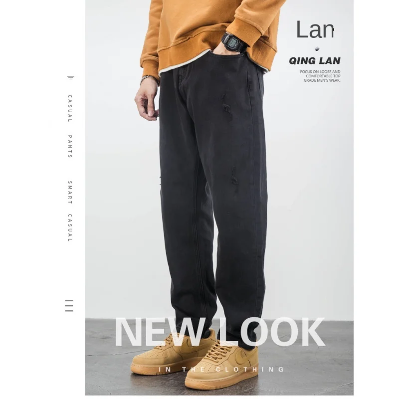 

Черные джинсы мужские свободные прямые повседневные большие размеры осенние зауженные эластичные брюки осень зима корейский стиль брюки High Street